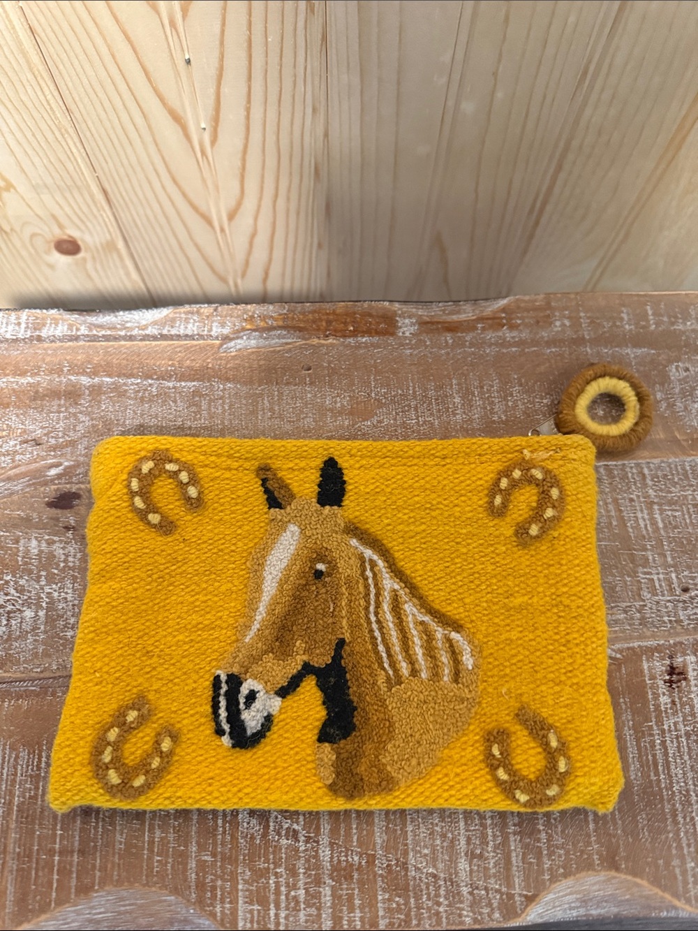 Yellow Felt Horse Zip Pouch with Horseshoe Motif